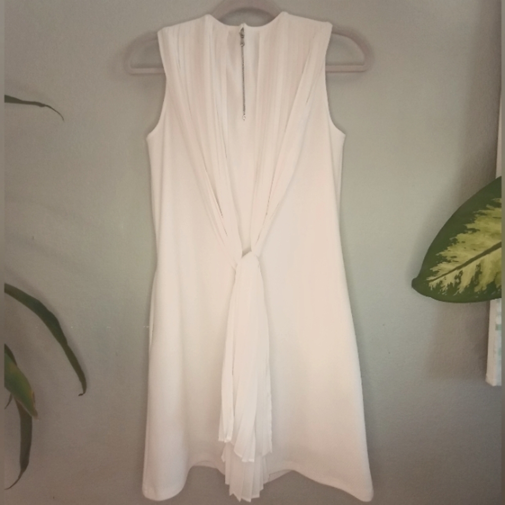 Gracia Flowy Sheath Dress With Pleated Sheer White Draped Knotted Overlay - Picture 5 of 13
